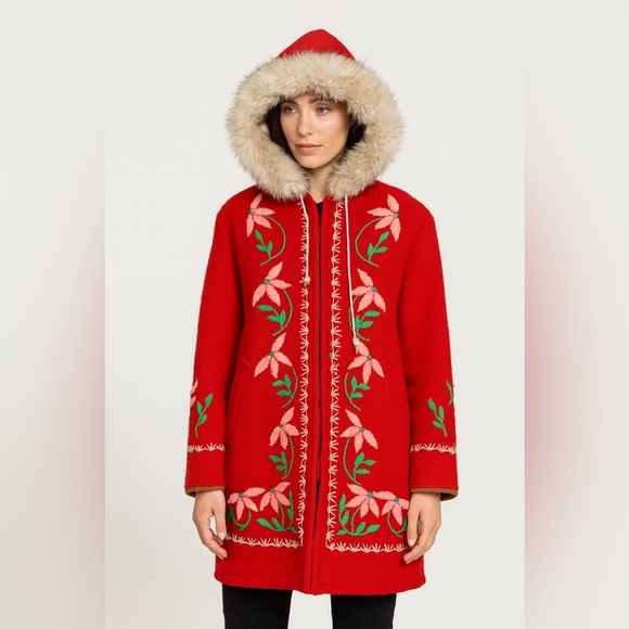 Vintage Rare Hudson’s Bay Red Wool with Floral Embroidered Hooded Coat - Picture 1 of 14